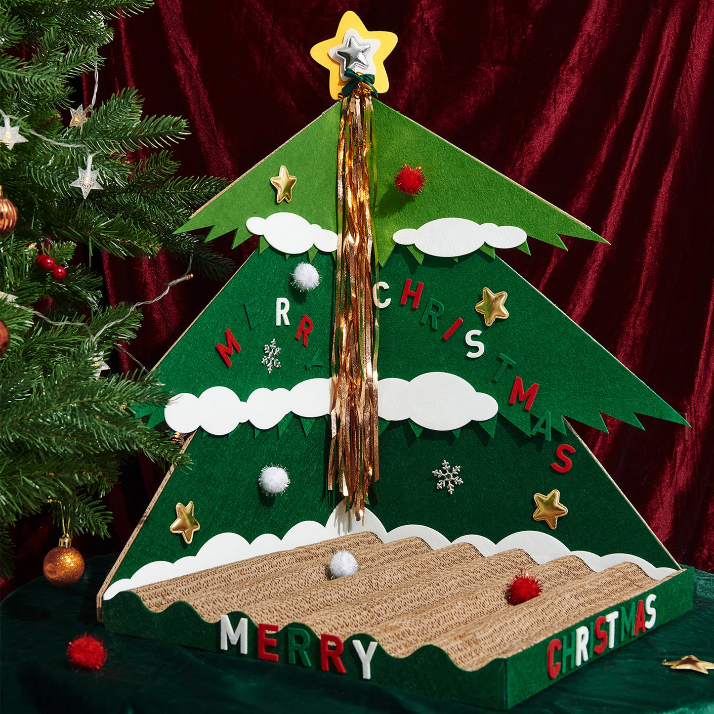Christmas Tree 3D Corner Cat Scratcher with DIY Kit and Teaser Toy